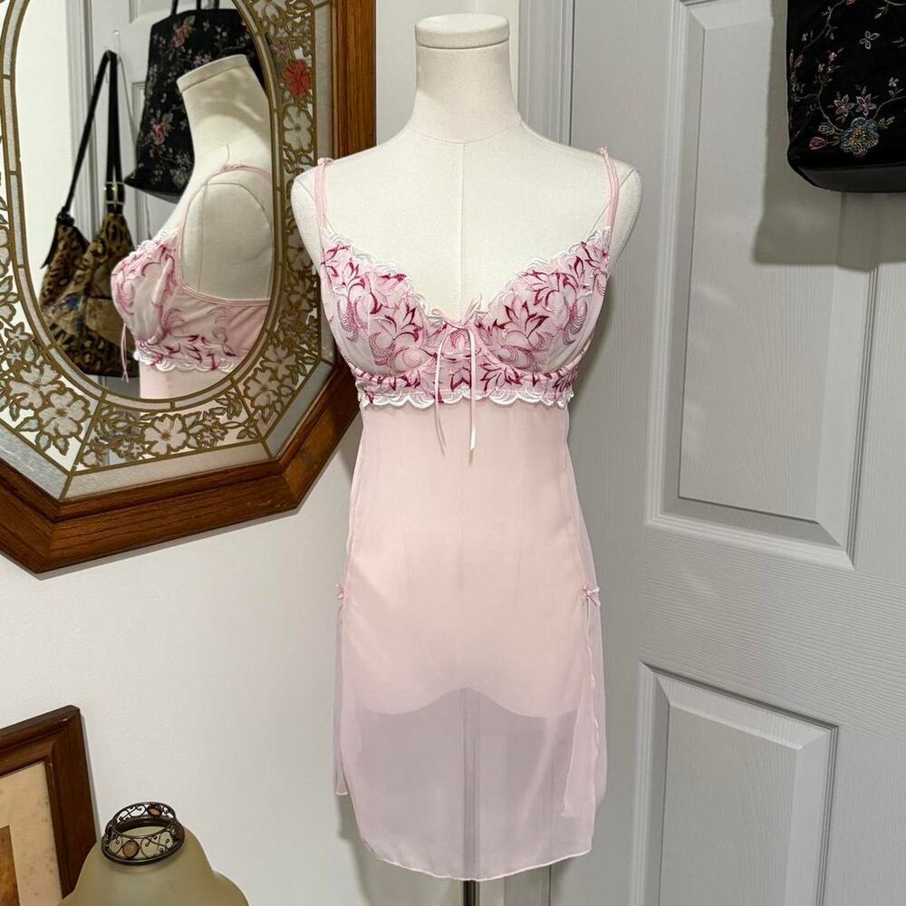 Fantasy Lingerie Soft Pink Floral Embroidered Sheer Mesh Coquette Bow Slip M/S